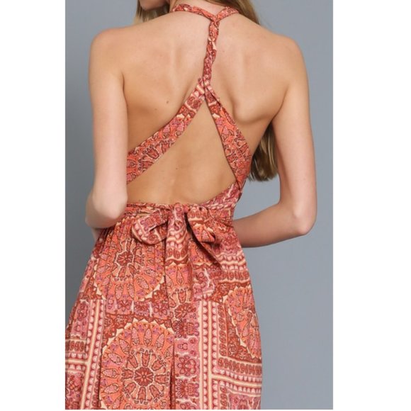 Aakaa Brick Twist Tie Back Tiered Bohemian Maxi Dress DA28082Y - Picture 10 of 12